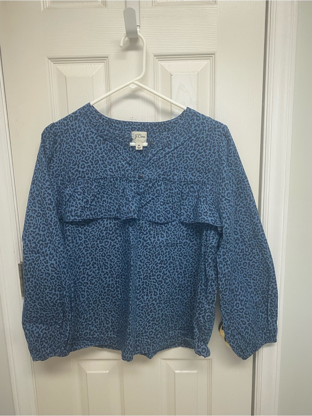 J.Crew Blue Leopard Print Chambray.
Ruffle Front Blouse Top